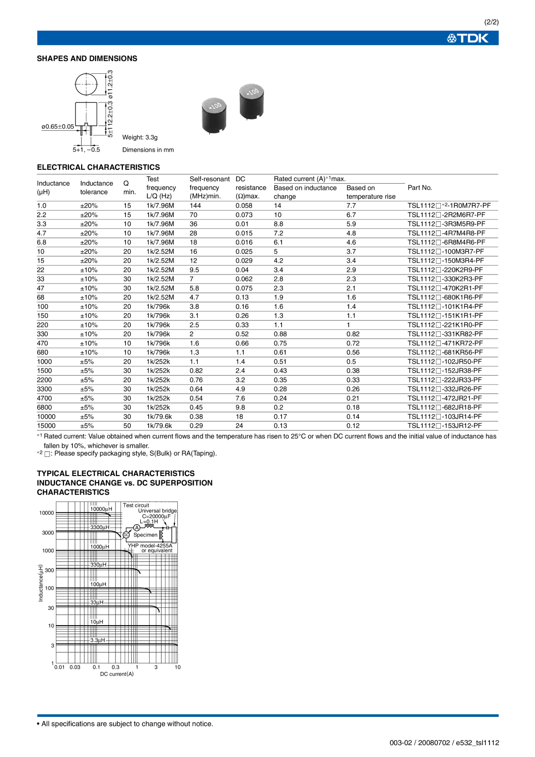 TDK TSL Series TSL1112 specifications Shapes and Dimensions, Typical Electrical Characteristics 