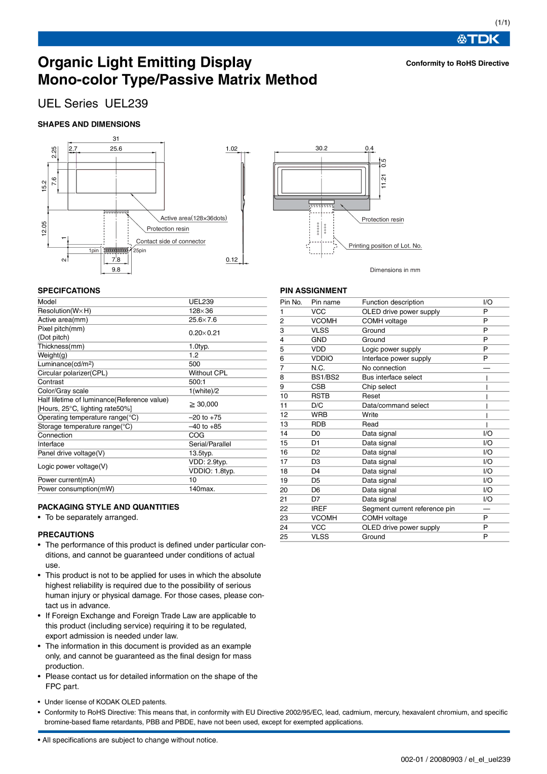 TDK UEL Series UEL239 specifications 