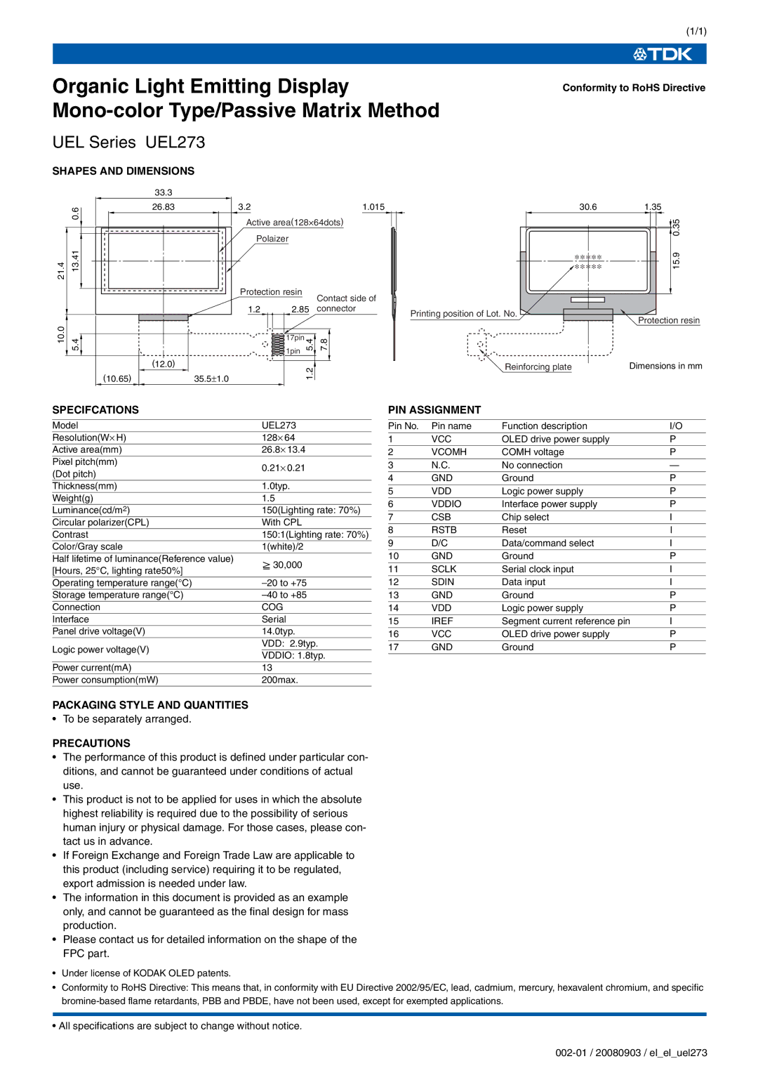 TDK UEL Series UEL273 specifications Shapes and Dimensions, Specifcations PIN Assignment, Packaging Style and Quantities 