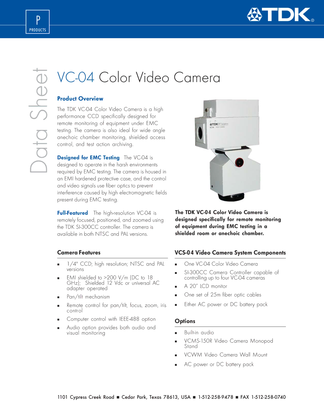 TDK VC-04 manual Camera Features, VCS-04 Video Camera System Components, Options 