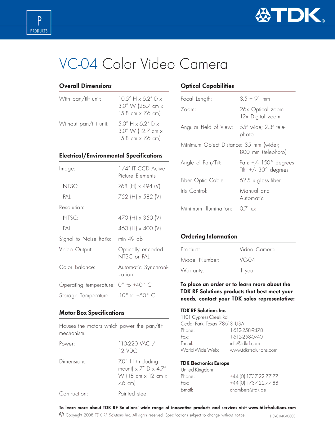 TDK VC-04 Overall Dimensions, Electrical/Environmental Specifications, Motor Box Specifications, Optical Capabilities 