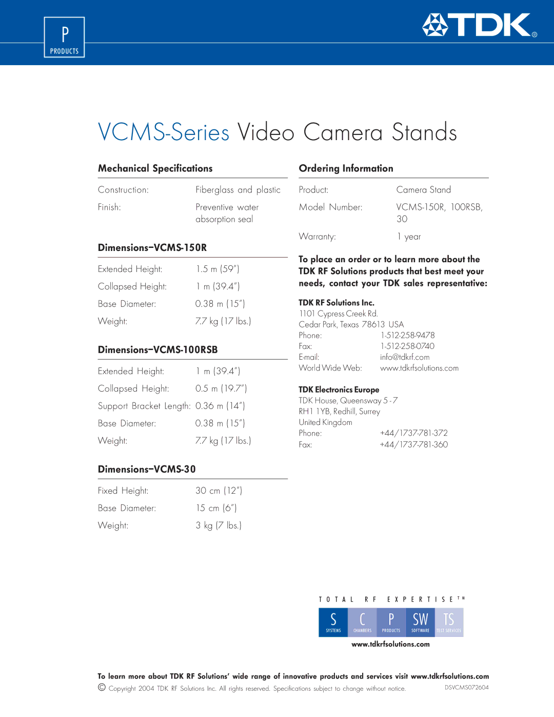 TDK Mechanical Specifications, Dimensions-VCMS-150R, Dimensions-VCMS-100RSB, Ordering Information, Dimensions-VCMS-30 