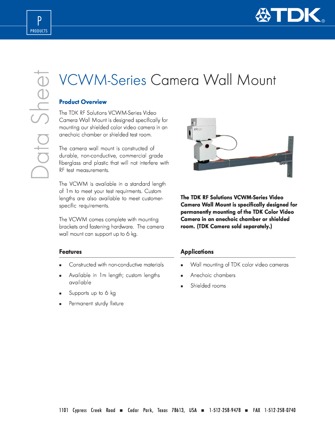 TDK VCWM-150, VCWM Series manual VCWM-Series Camera Wall Mount, Features, Applications, Data, Sheet, Product Overview 