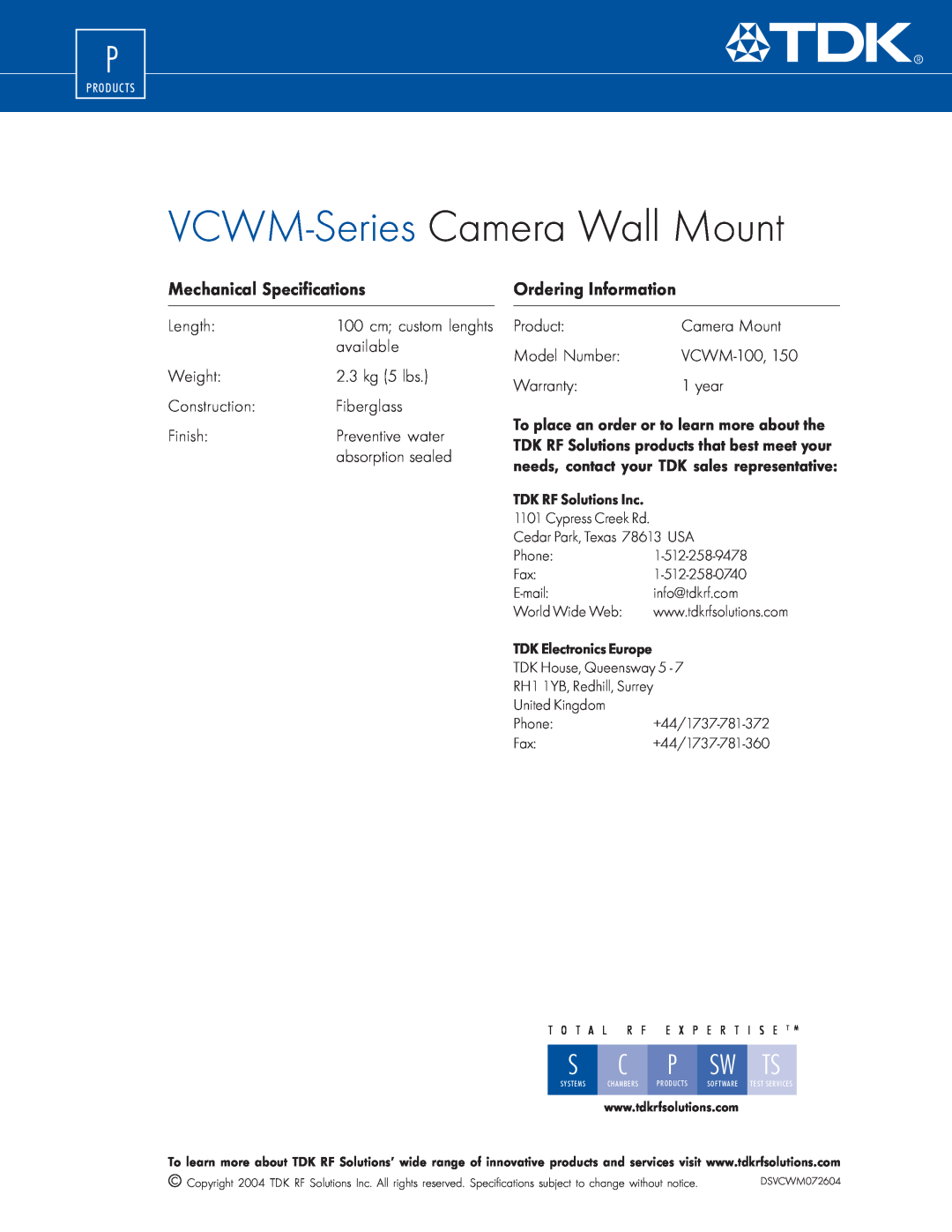 TDK VCWM-100, VCWM Series, VCWM-150 manual Mechanical Specifications, Ordering Information, VCWM-Series Camera Wall Mount 