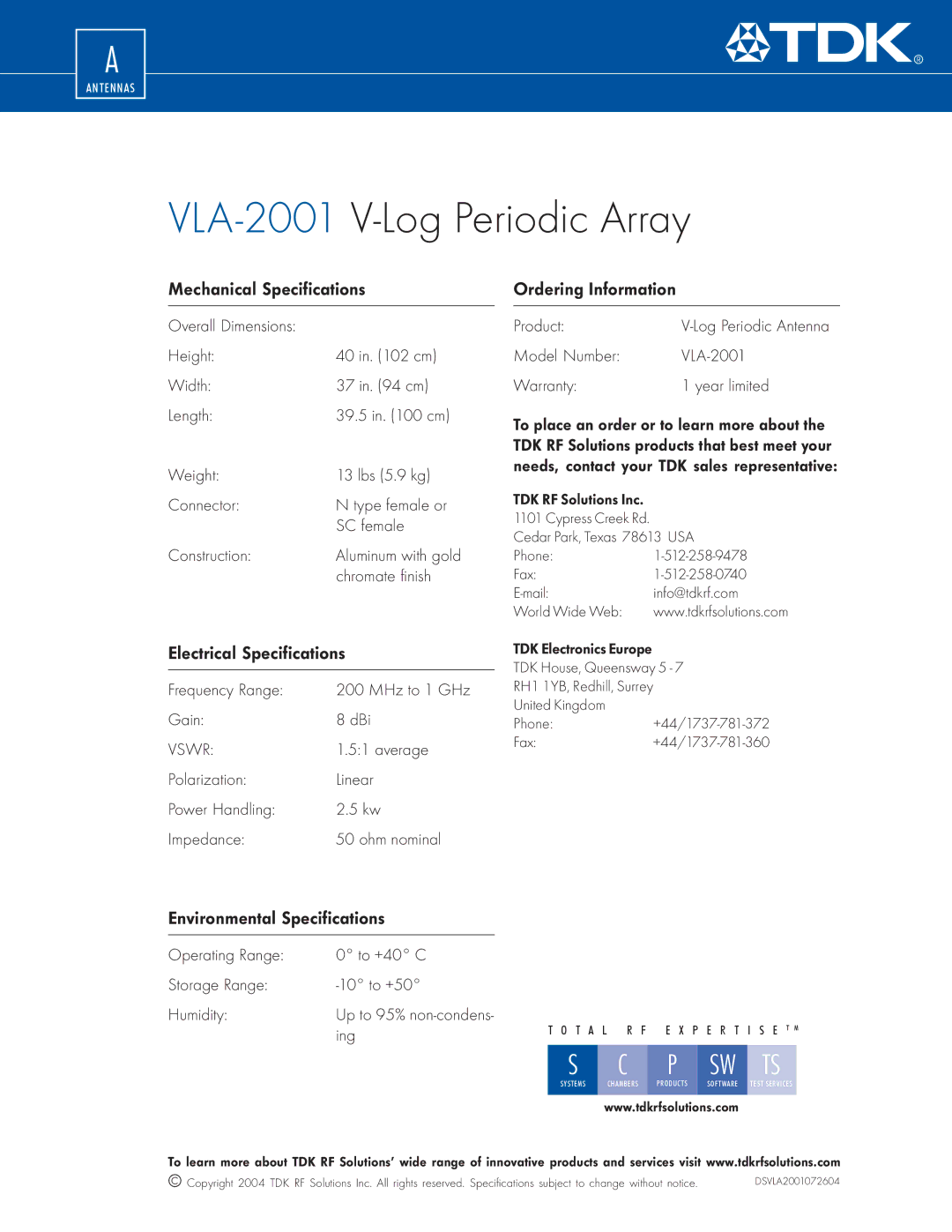 TDK VLA-2001 Mechanical Specifications, Electrical Specifications, Ordering Information, Environmental Specifications 