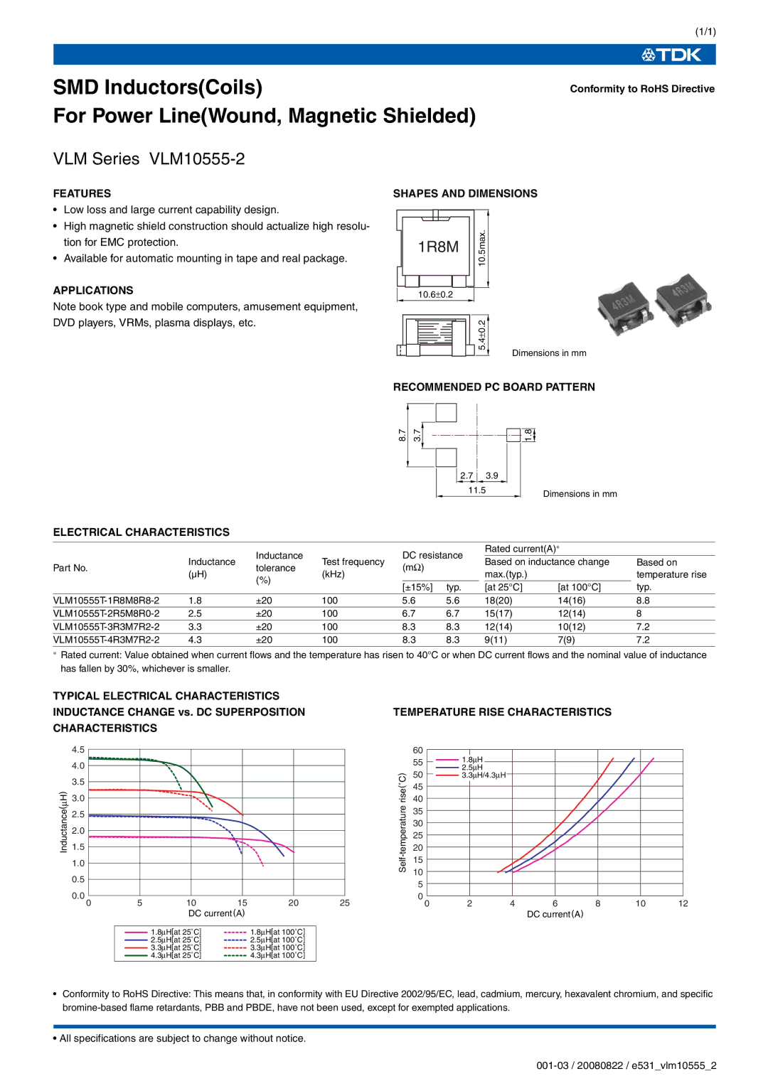 TDK VLM Series VLM10555-2 specifications SMD InductorsCoils For Power LineWound, Magnetic Shielded, 1R8M, Characteristics 