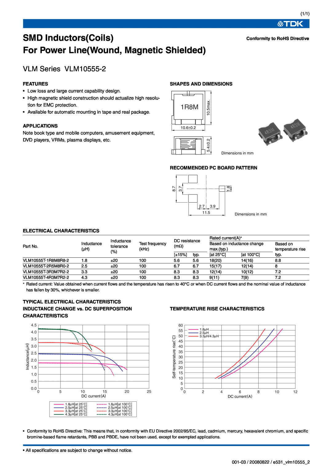 TDK VLM Series VLM10555-2 specifications SMD InductorsCoils For Power LineWound, Magnetic Shielded, 1R8M, Features 