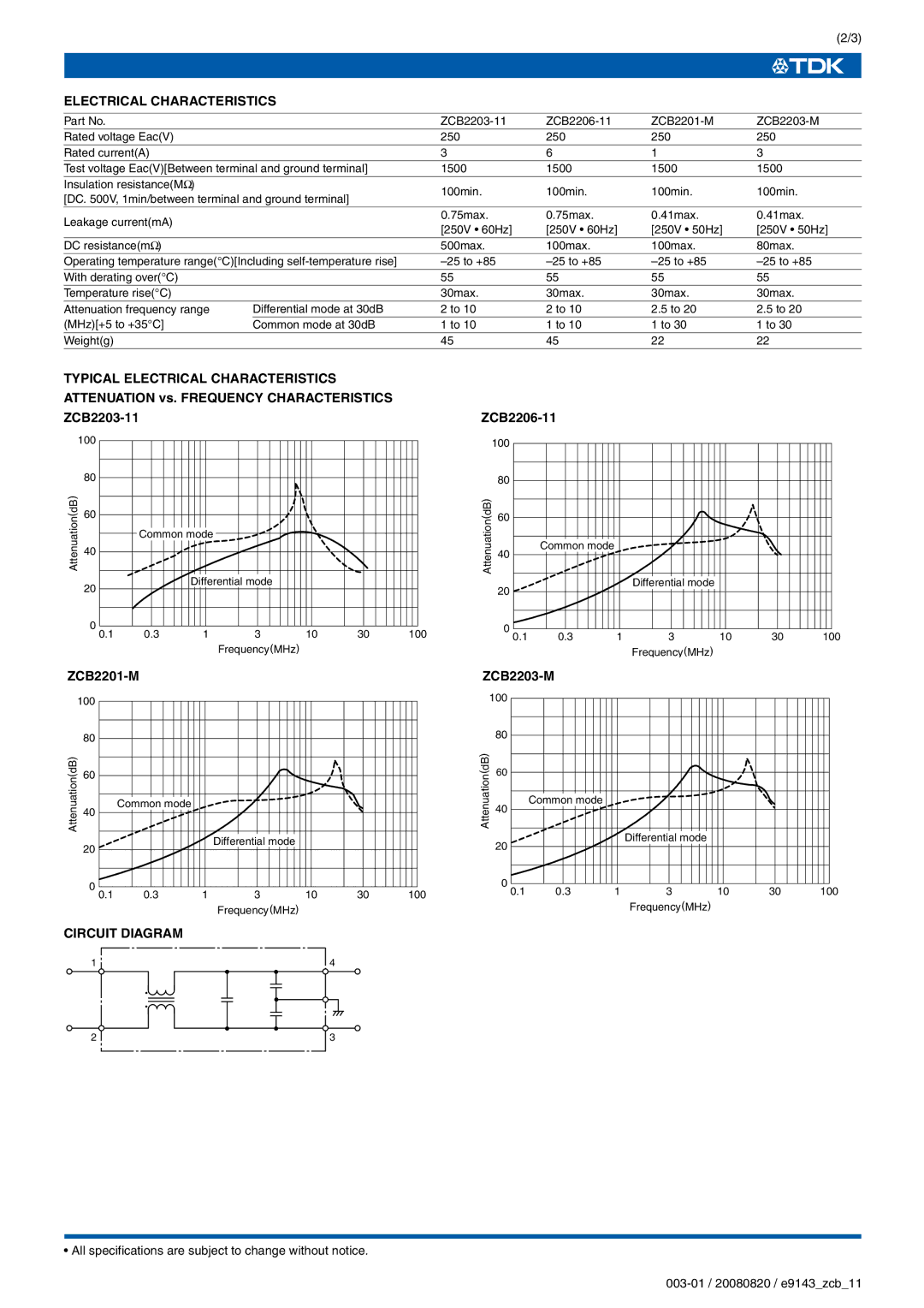 TDK ZCB-M series, ZCB-11 specifications Electrical Characteristics, Circuit Diagram 