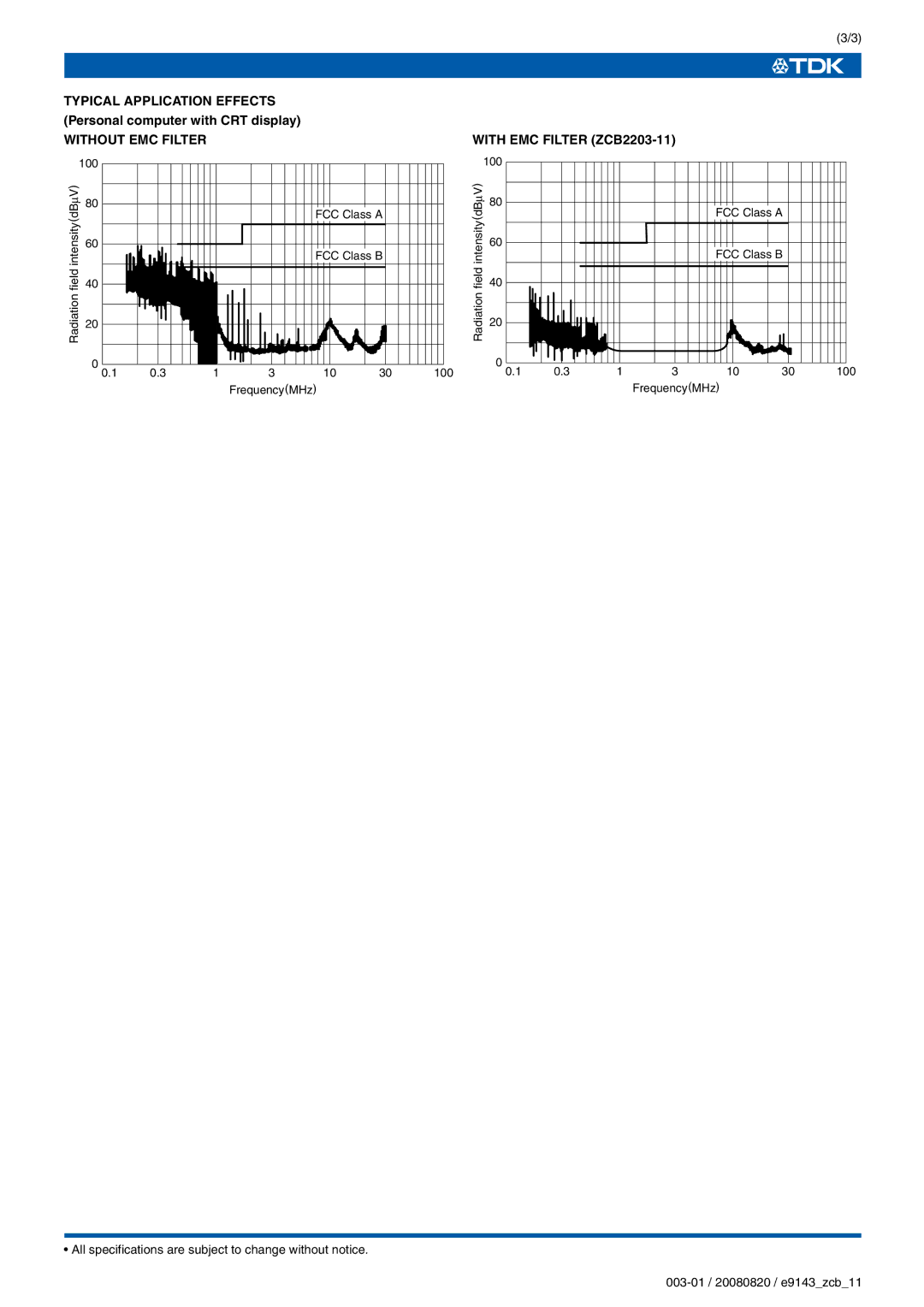 TDK ZCB-11, ZCB-M series specifications Typical Application Effects, Without EMC Filter, With EMC Filter ZCB2203-11 