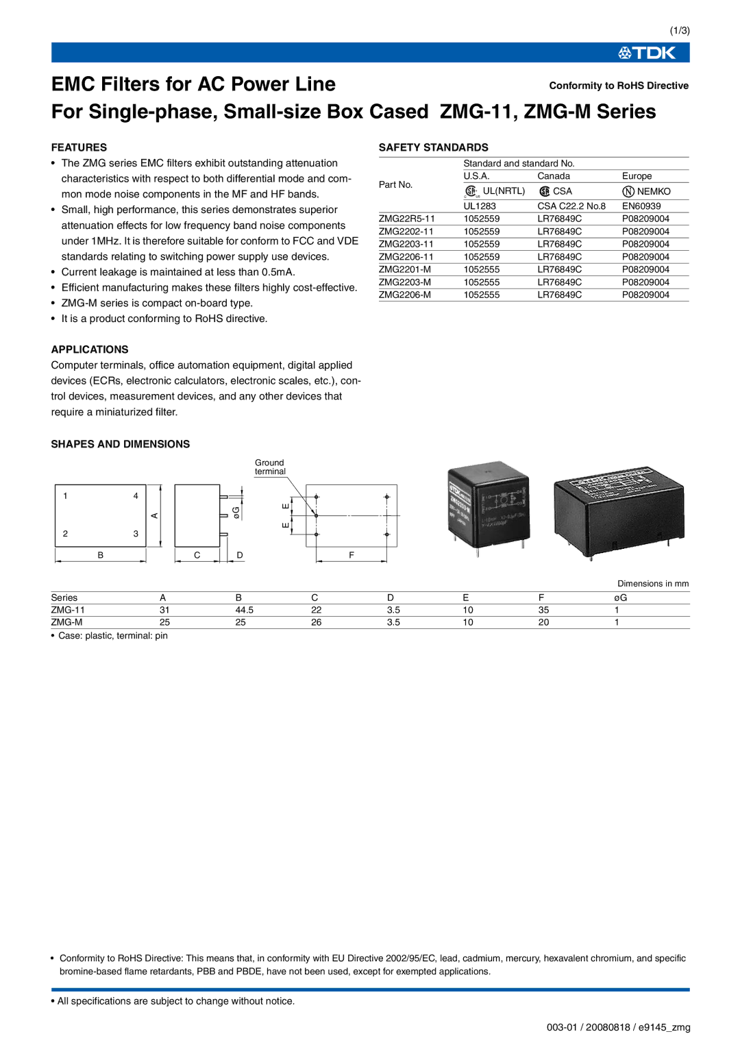 TDK ZMG2206-11 specifications EMC Filters for AC Power Line, For Single-phase, Small-size Box Cased ZMG-11, ZMG-M Series 