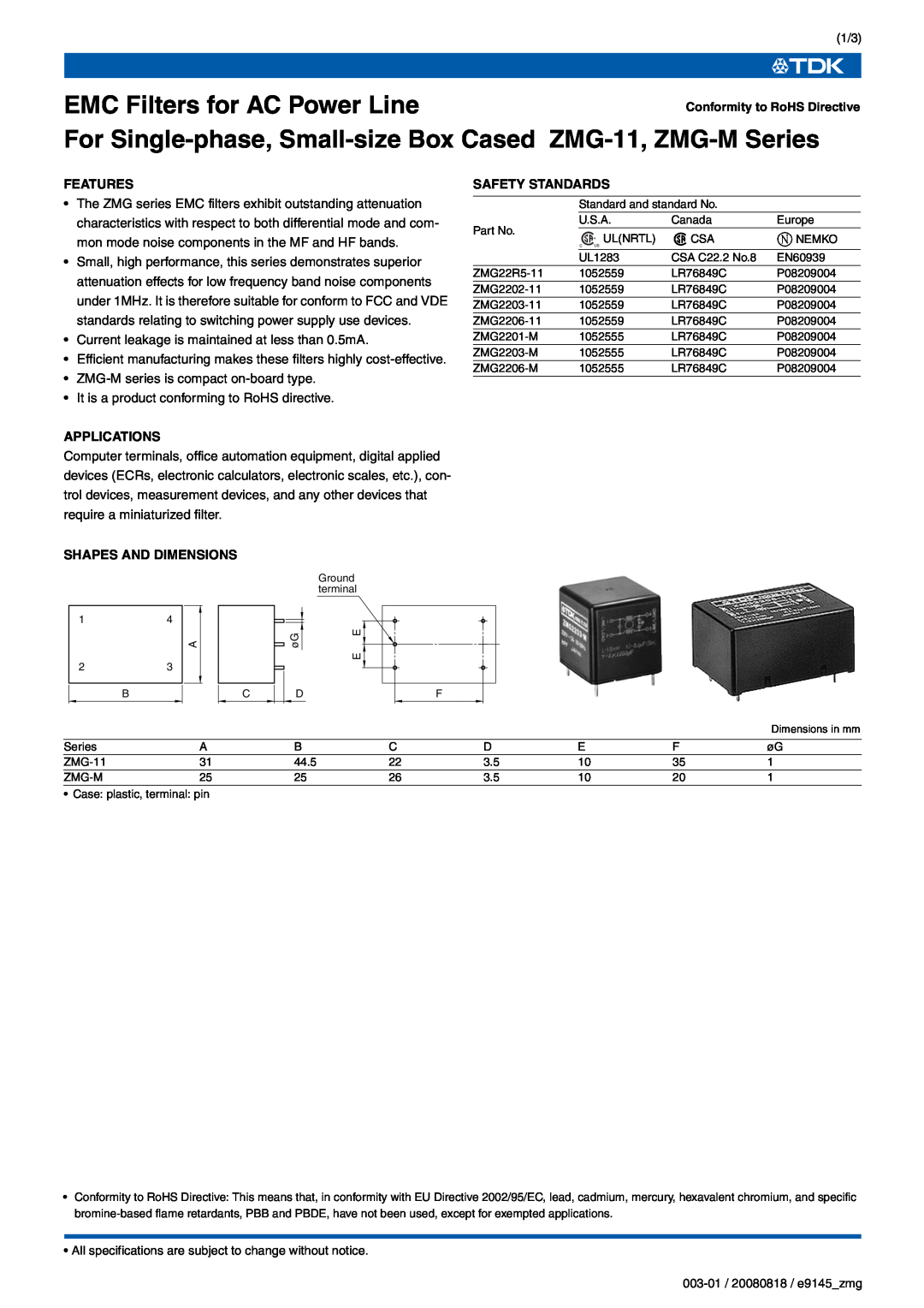 TDK ZMG2206-11, ZMG-M Series specifications Conformity to RoHS Directive, Features, Applications, Shapes And Dimensions 