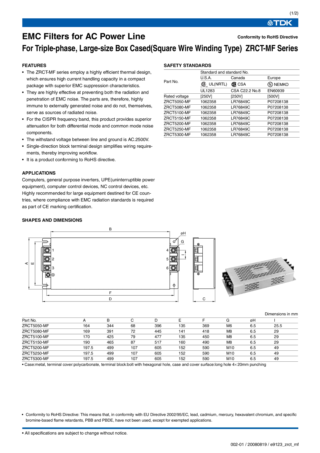 TDK ZRCT-MF series specifications EMC Filters for AC Power Line, Features, Applications 