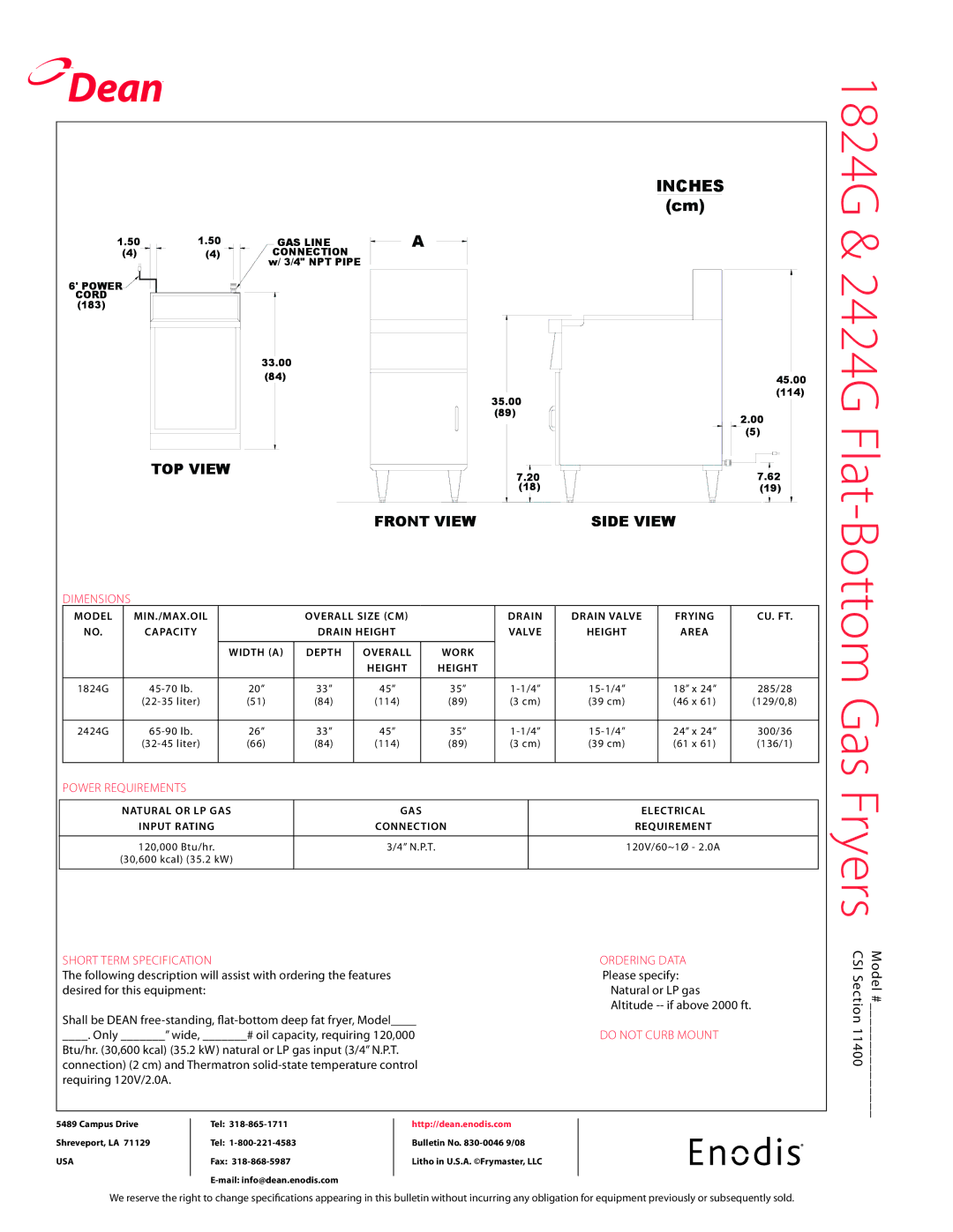 Teac 1824G&2424G specifications 1824G & 2424G Flat-Bottom Gas Fryers Model #, Ordering Data, Do not Curb Mount 