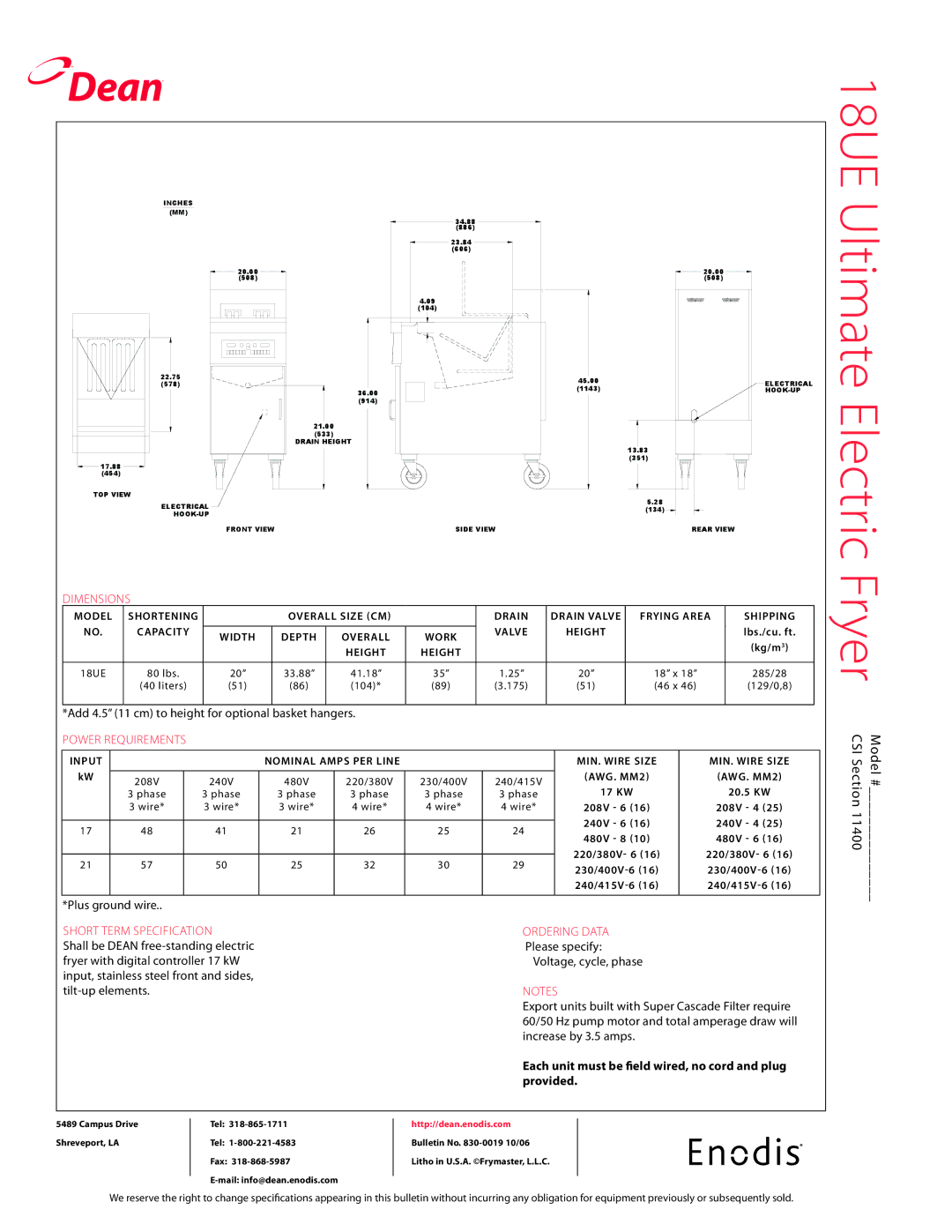 Teac 18UE specifications Dimensions, Power requirements, Short term specification 