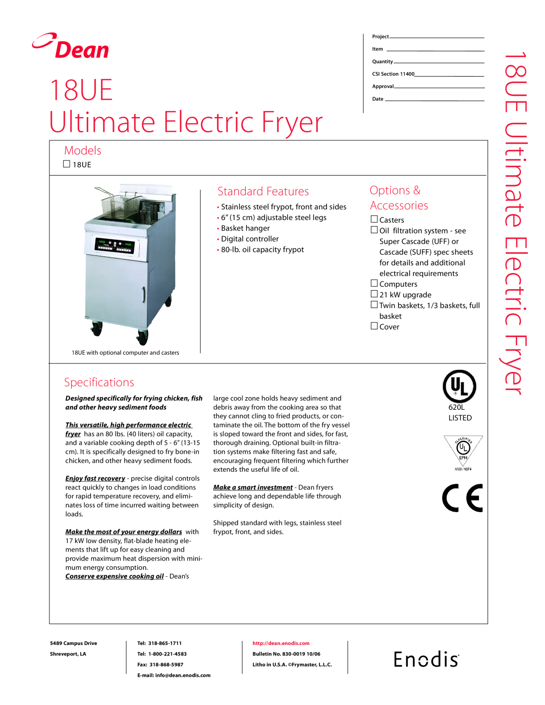 Teac specifications Dean, 18UE Ultimate Electric Fryer, Models, Standard Features, Options Accessories, Casters 
