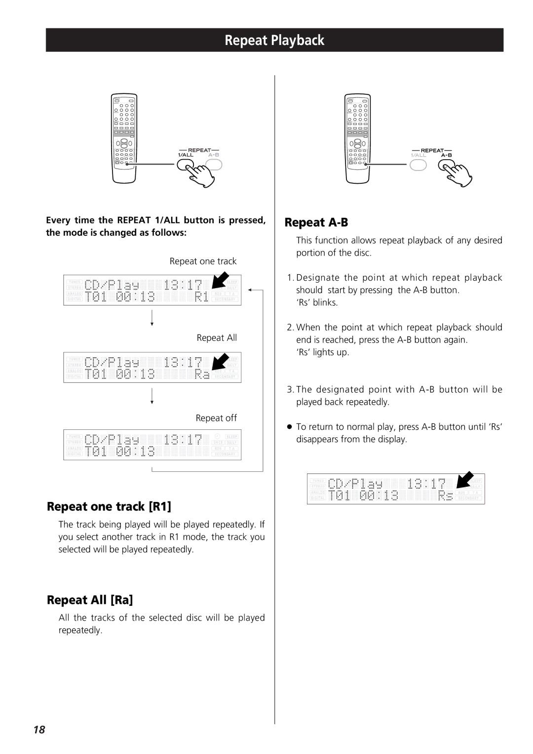 Teac 9A10001300 CR-H250 owner manual Repeat Playback, Repeat one track R1, Repeat All Ra, Repeat A-B 