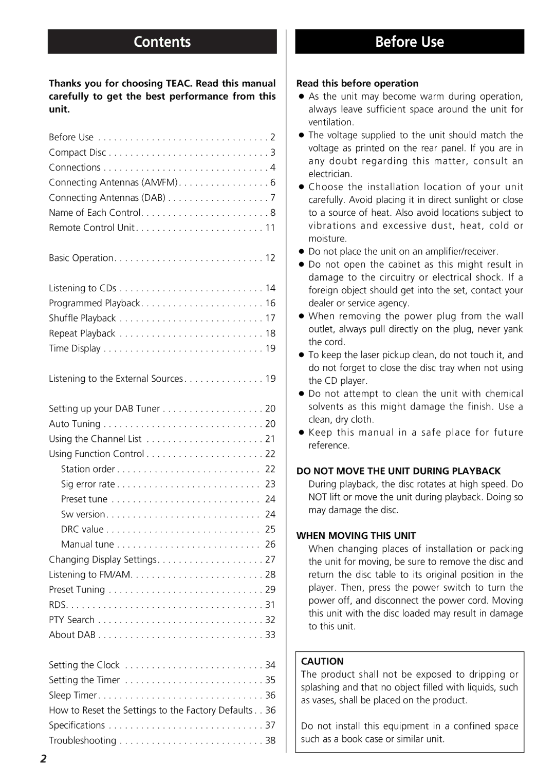 Teac 9A10001300 CR-H250 owner manual Contents, Before Use 