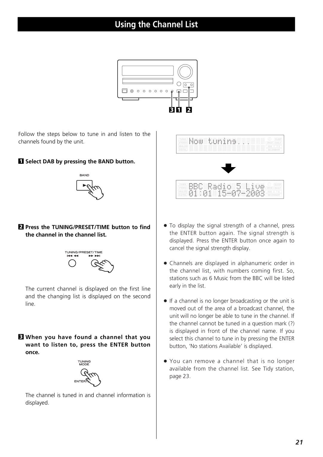 Teac 9A10001300 CR-H250 owner manual Using the Channel List 