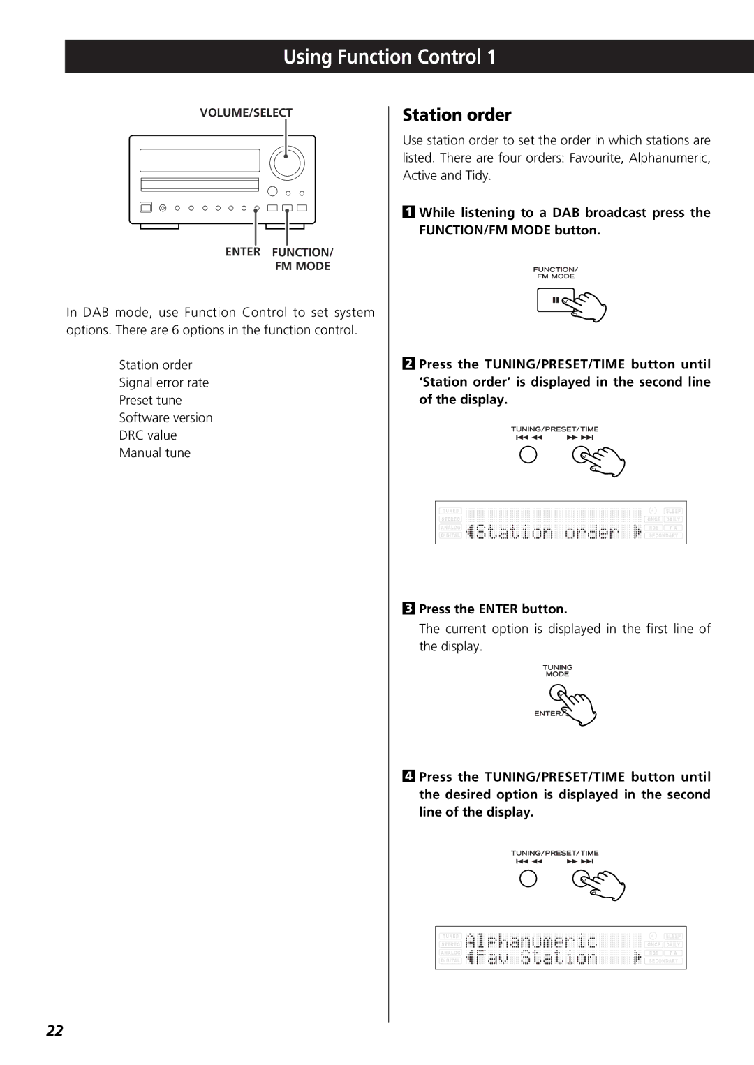 Teac 9A10001300 CR-H250 owner manual Using Function Control, Station order 