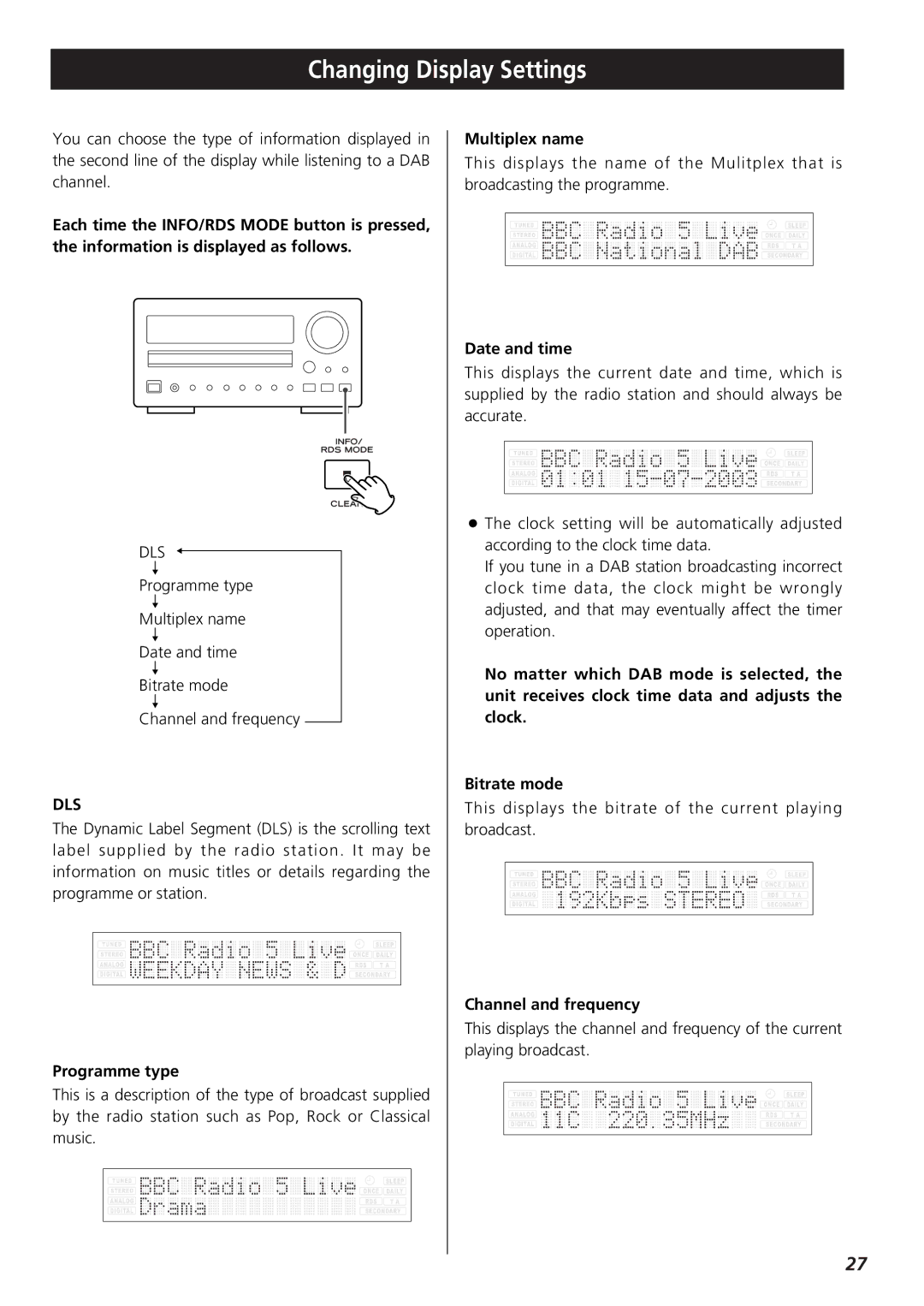 Teac 9A10001300 CR-H250 owner manual Changing Display Settings, Dls 