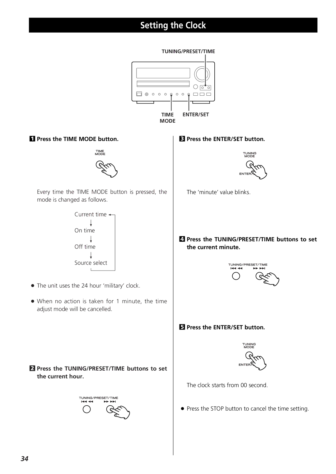 Teac 9A10001300 CR-H250 owner manual Setting the Clock, Press the Time Mode button 