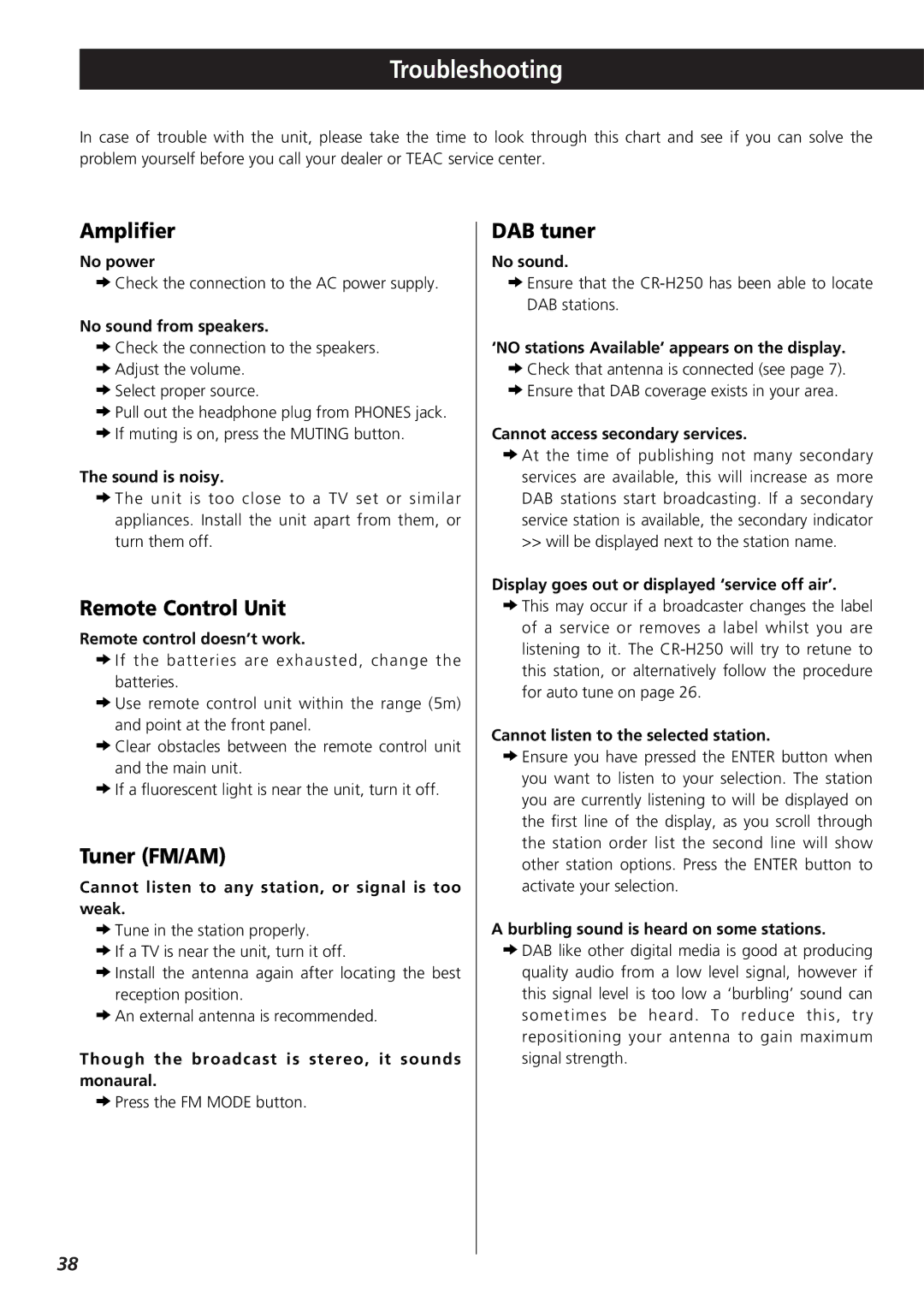 Teac 9A10001300 CR-H250 owner manual Troubleshooting, Amplifier, Remote Control Unit, Tuner FM/AM, DAB tuner 