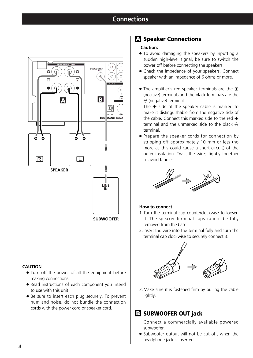 Teac 9A10001300 CR-H250 owner manual Speaker Connections, Subwoofer OUT jack, How to connect 