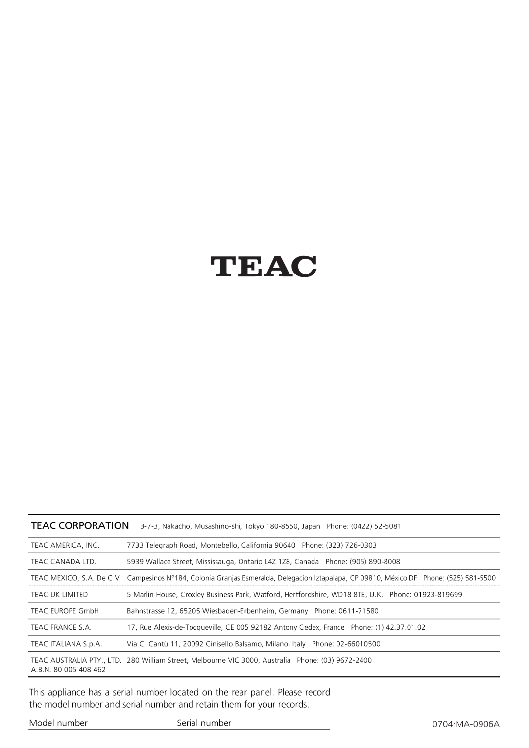 Teac 9A10001300 CR-H250 owner manual 0704.MA-0906A 