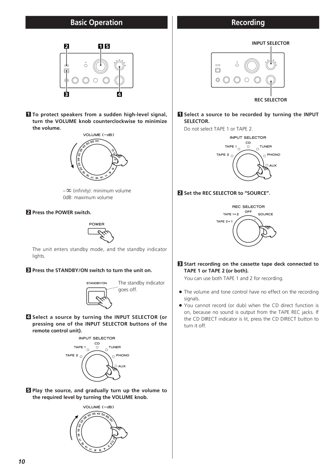 Teac A-H300mkII Basic Operation, Recording, Press the Power switch, Press the STANDBY/ON switch to turn the unit on 