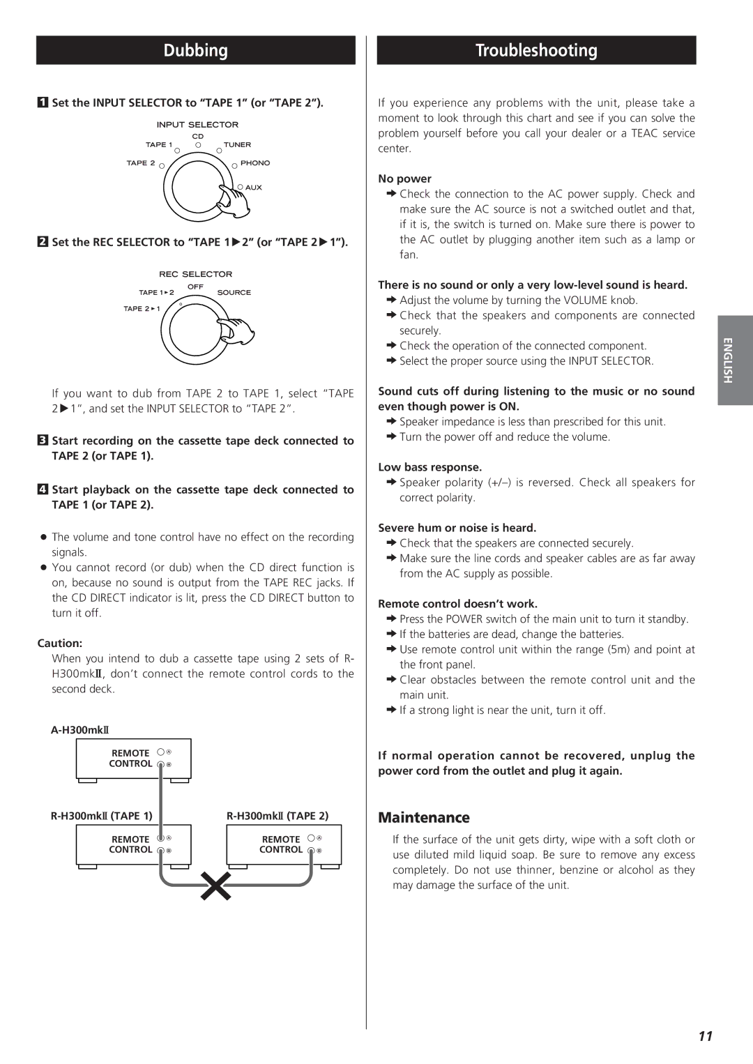 Teac A-H300mkII owner manual Dubbing, Troubleshooting, Maintenance 