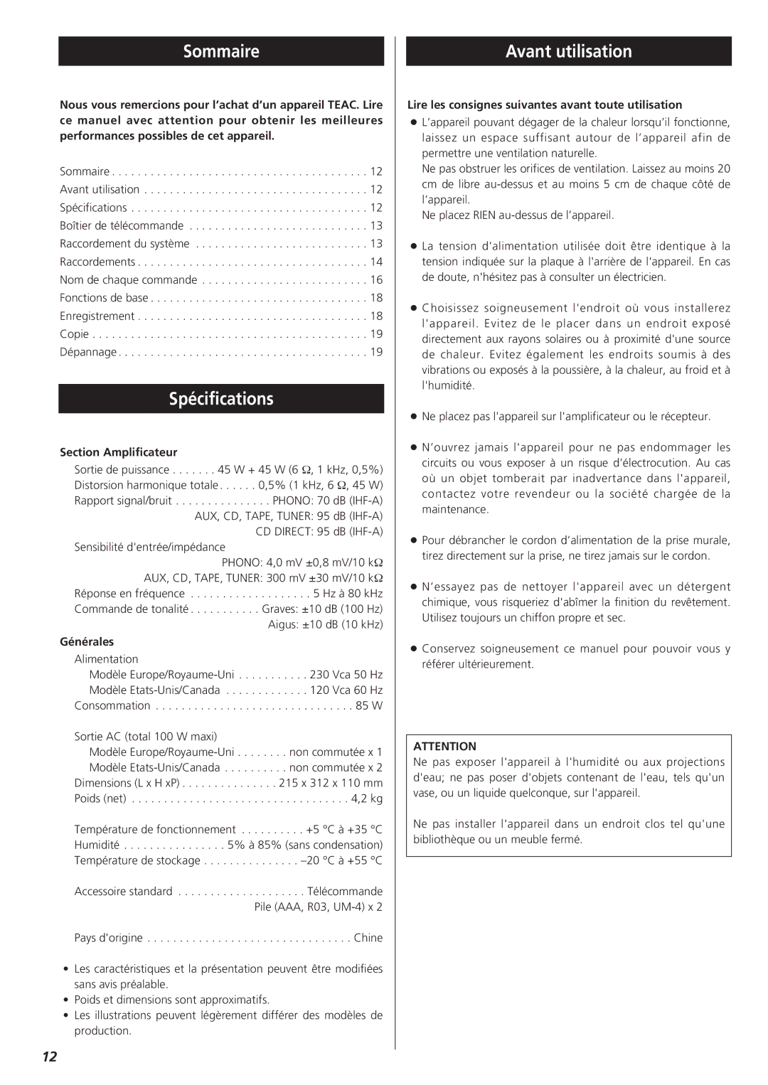 Teac A-H300mkII owner manual Sommaire, Spécifications, Avant utilisation 