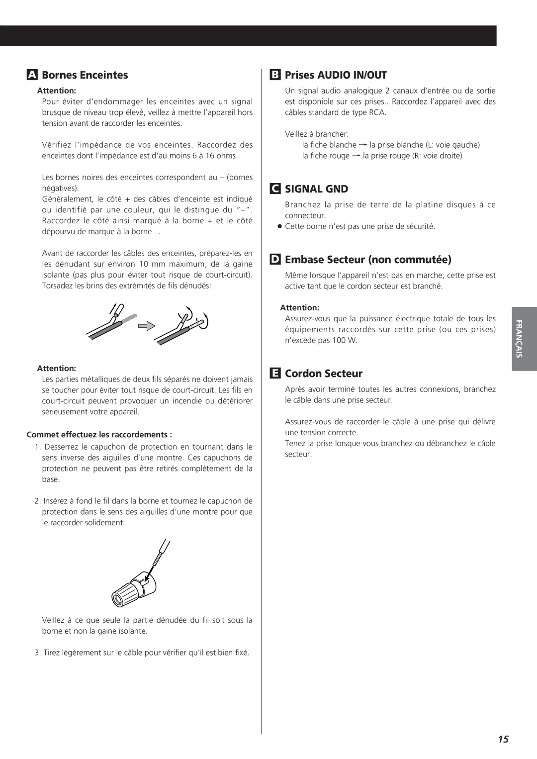 Teac A-H300mkII owner manual Bornes Enceintes, Prises Audio IN/OUT, Embase Secteur non commutée, Cordon Secteur 