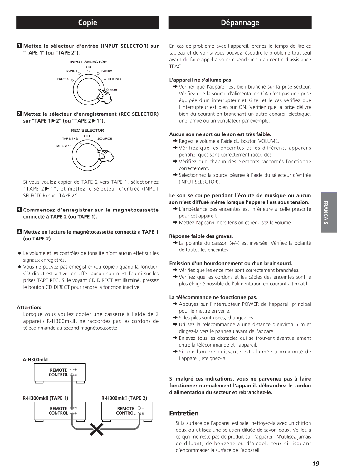 Teac A-H300mkII owner manual Copie, Dépannage, Entretien 