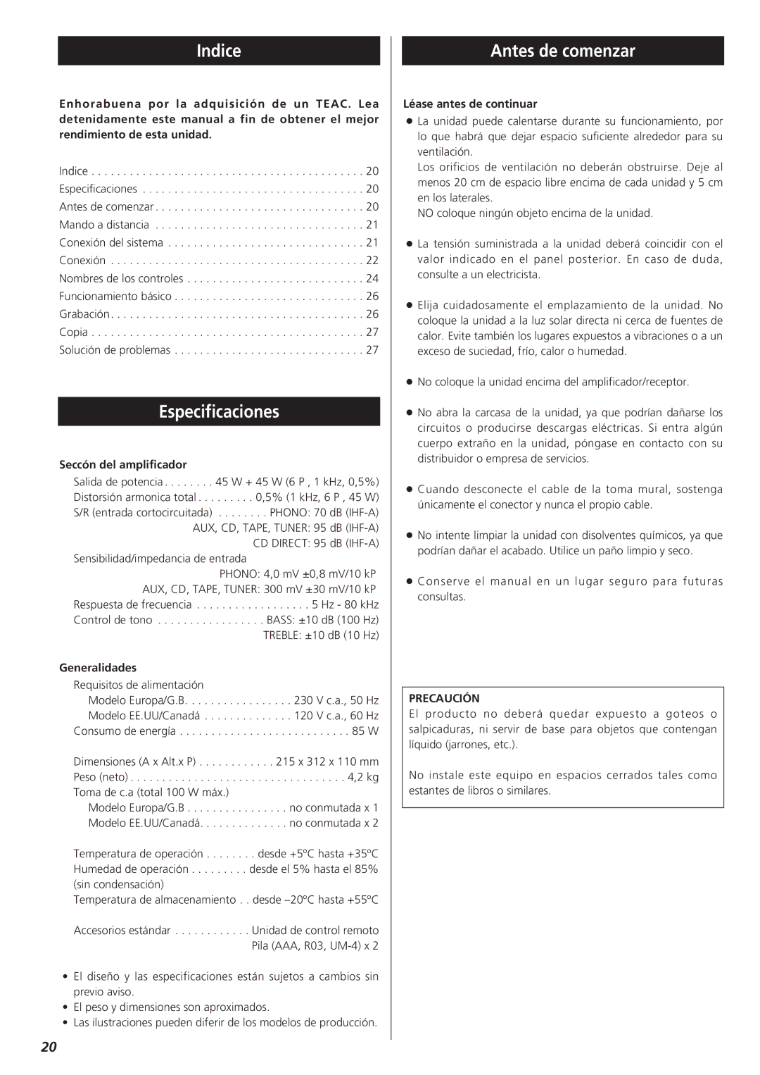 Teac A-H300mkII owner manual Indice, Especificaciones, Antes de comenzar 