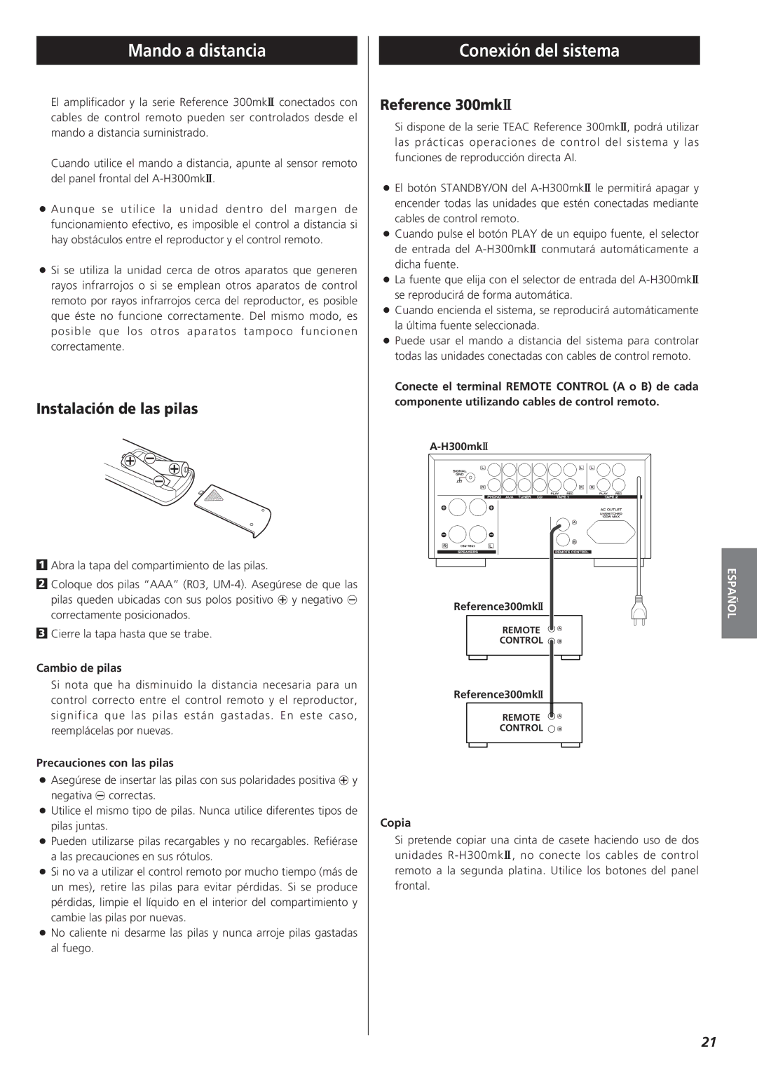 Teac A-H300mkII owner manual Mando a distancia, Conexión del sistema, Instalación de las pilas 