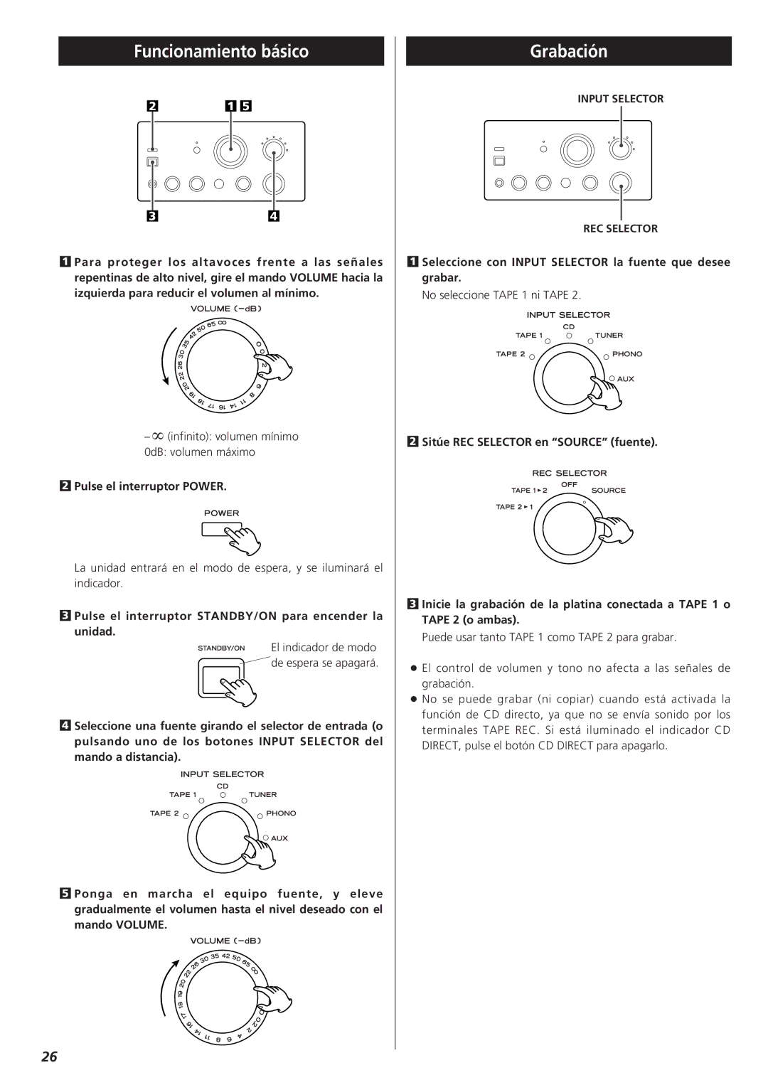 Teac A-H300mkII owner manual Funcionamiento básico, Grabación, Pulse el interruptor Power 