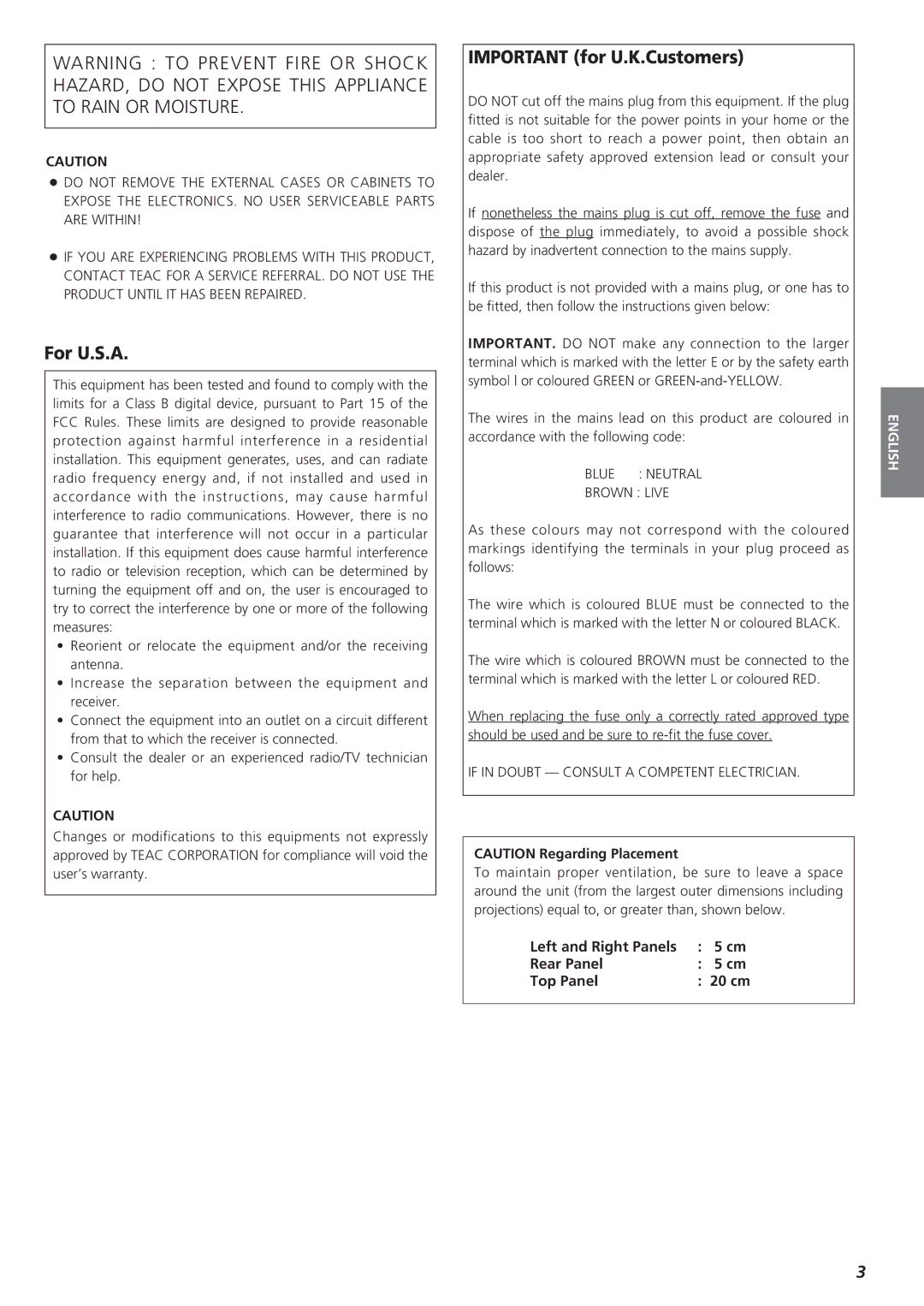 Teac A-H300mkII owner manual For U.S.A, Important for U.K.Customers, Left and Right Panels 