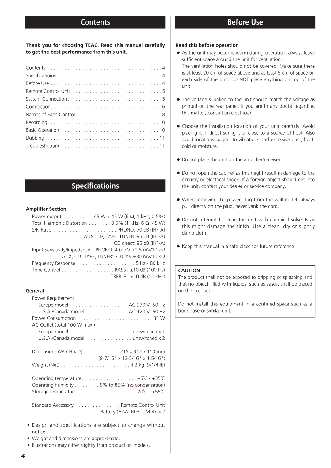 Teac A-H300mkII owner manual Contents, Specificatioins, Before Use 