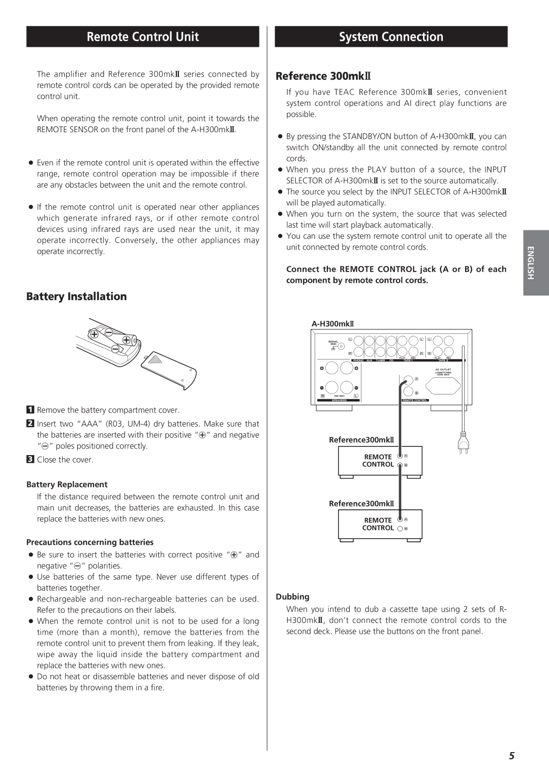 Teac A-H300mkII owner manual Remote Control Unit, System Connection, Battery Installation, Reference 300mk@ 