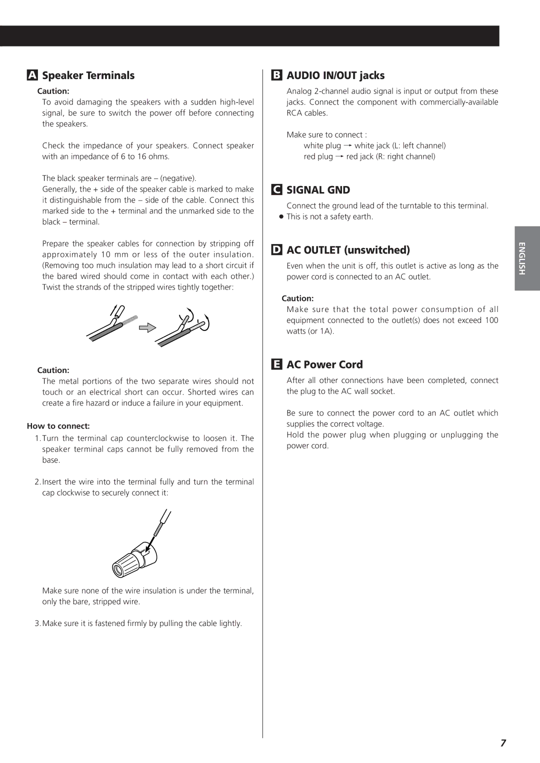 Teac A-H300mkII owner manual Speaker Terminals, Audio IN/OUT jacks, AC Outlet unswitched, AC Power Cord, How to connect 