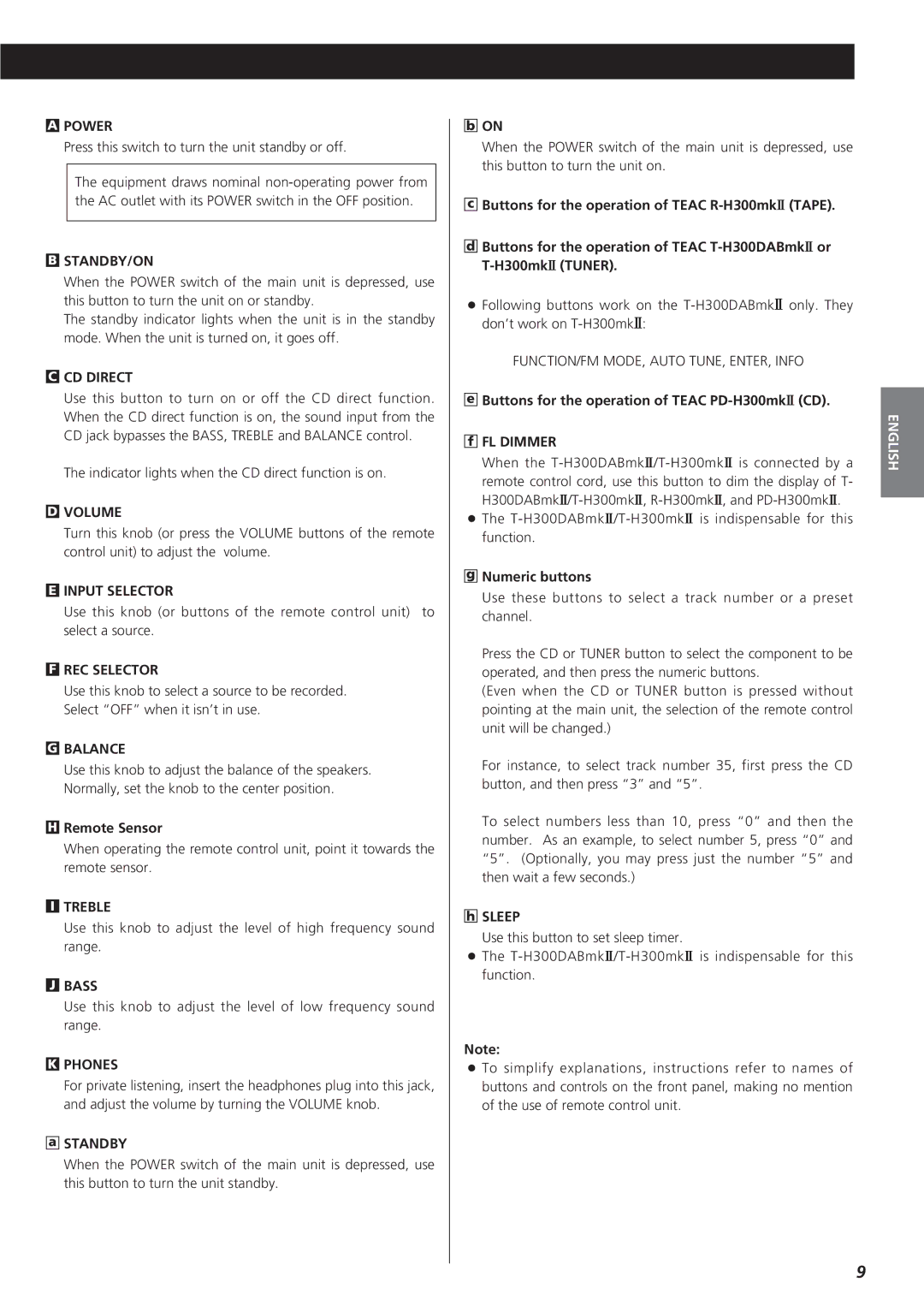 Teac A-H300mkII Remote Sensor, Standby, Buttons for the operation of Teac PD-H300mk@CD FL Dimmer, Numeric buttons, Sleep 
