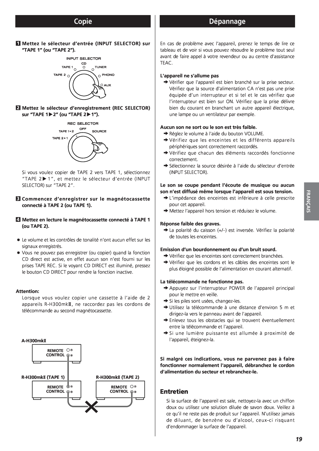 Teac A-H300mkII owner manual Copie, Dépannage, Entretien, Français 