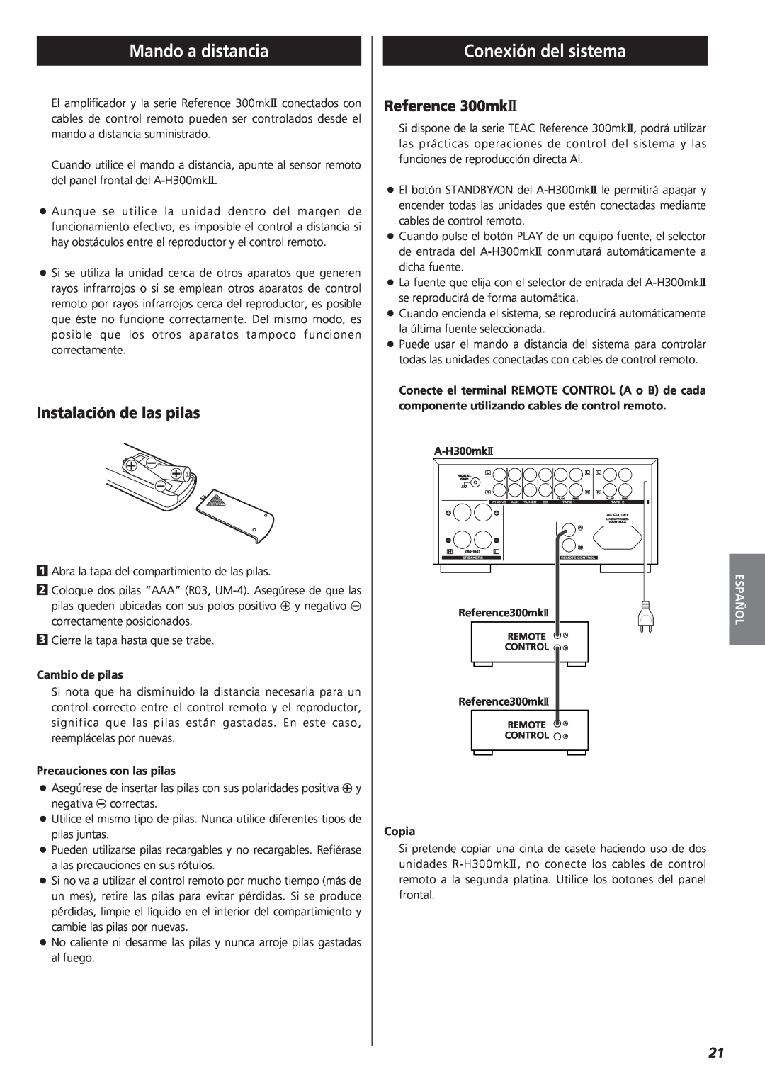 Teac A-H300mkII owner manual Mando a distancia, Conexión del sistema, Instalación de las pilas, Español, Reference 300mk@ 