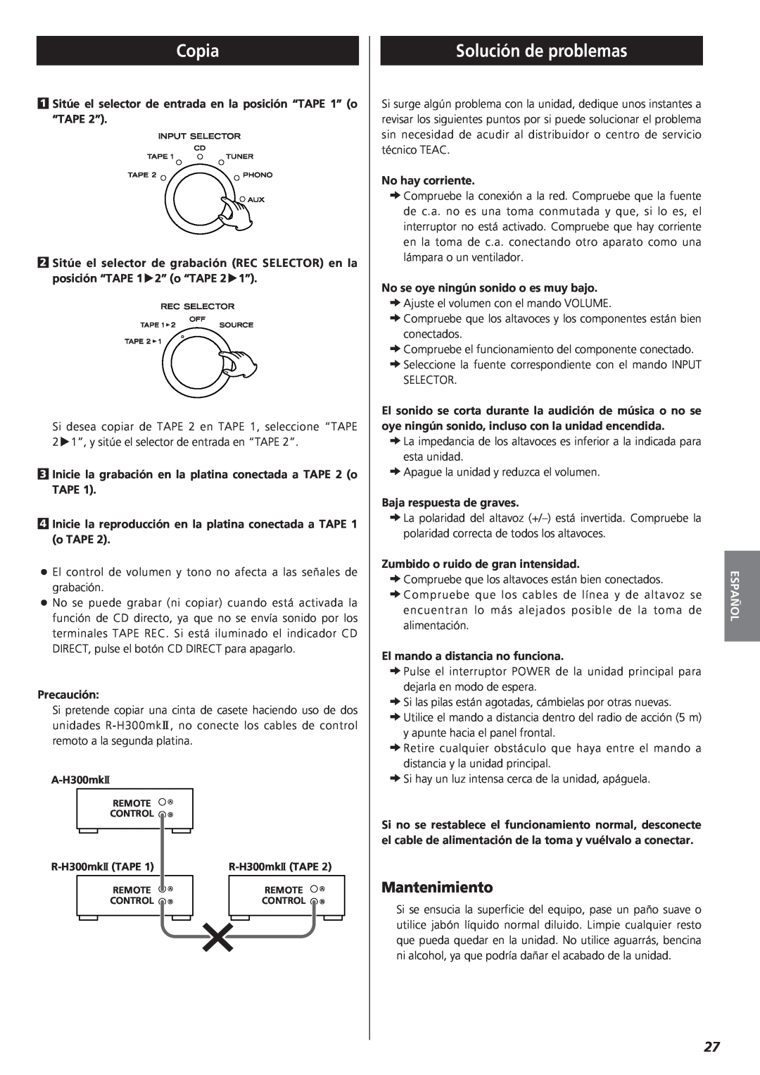 Teac A-H300mkII owner manual Copia, Solución de problemas, Mantenimiento, Español 