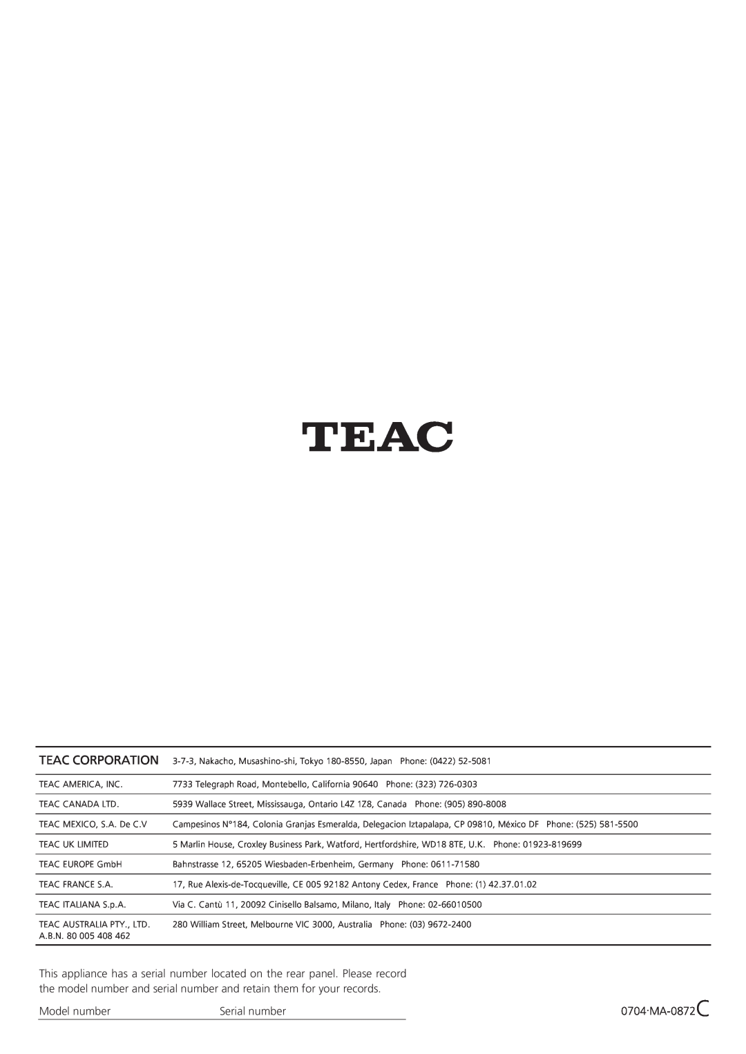 Teac A-H300mkII owner manual Teac Corporation, Model number, Serial number, 0704.MA-0872C 
