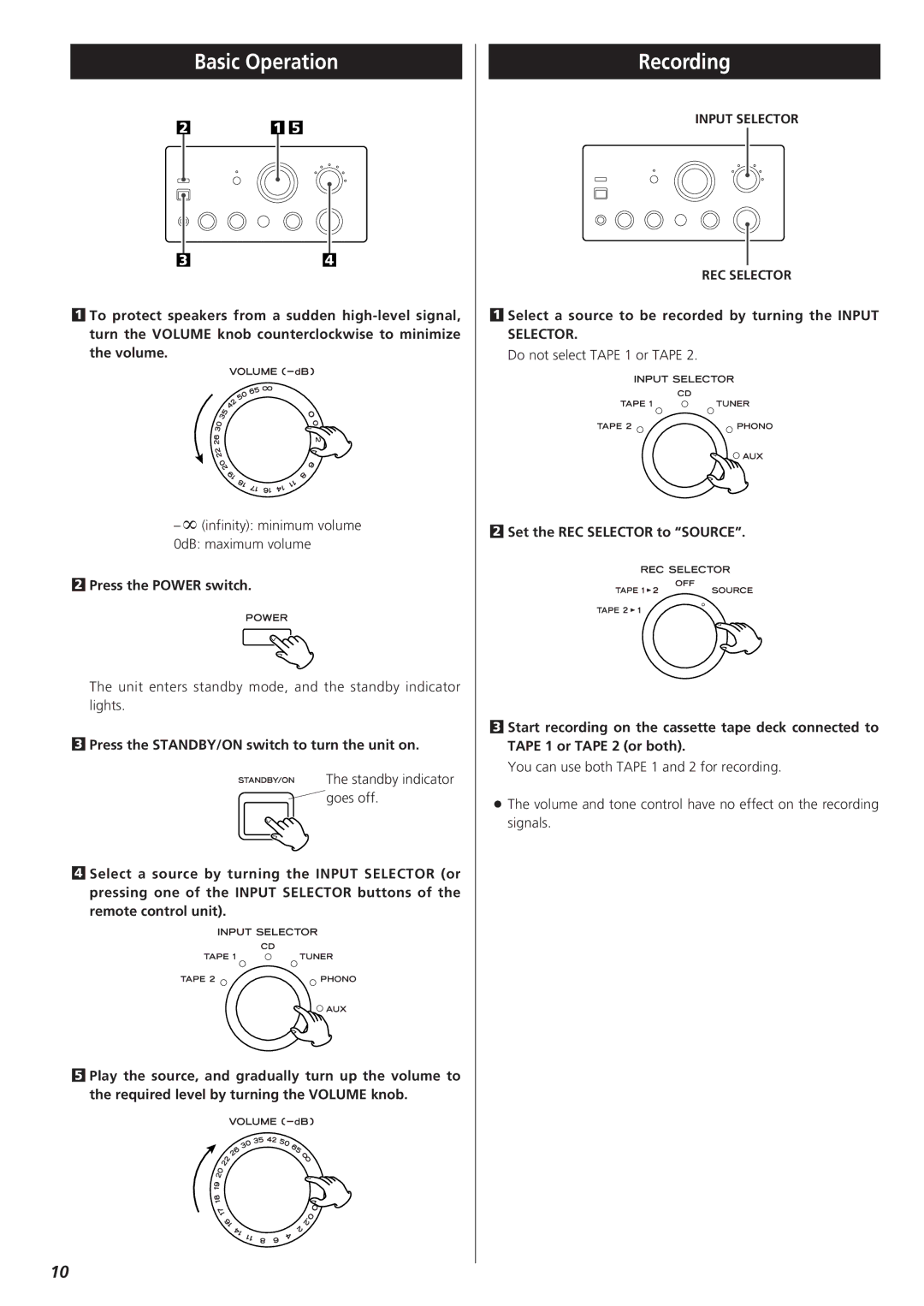 Teac A-H300mkIII Basic Operation, Recording, Press the Power switch, Press the STANDBY/ON switch to turn the unit on 