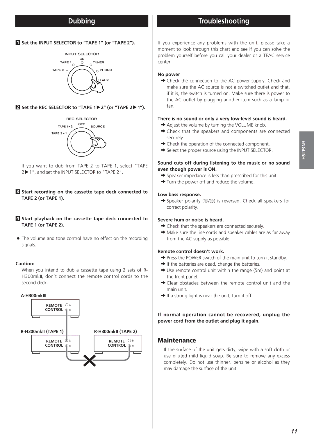 Teac A-H300mkIII owner manual Dubbing, Troubleshooting, Maintenance 