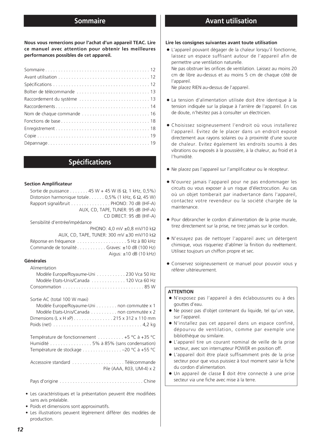 Teac A-H300mkIII owner manual Sommaire, Spécifications, Avant utilisation 