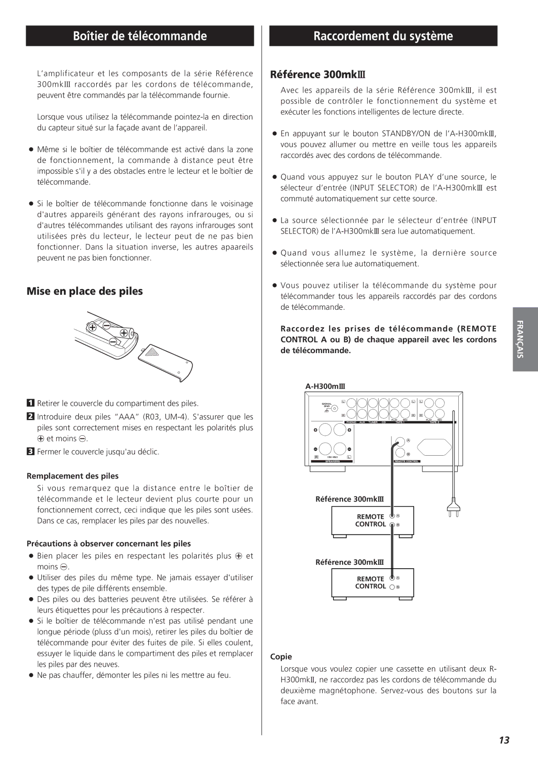 Teac A-H300mkIII owner manual Boîtier de télécommande, Raccordement du système, Mise en place des piles, Référence 300mkIII 