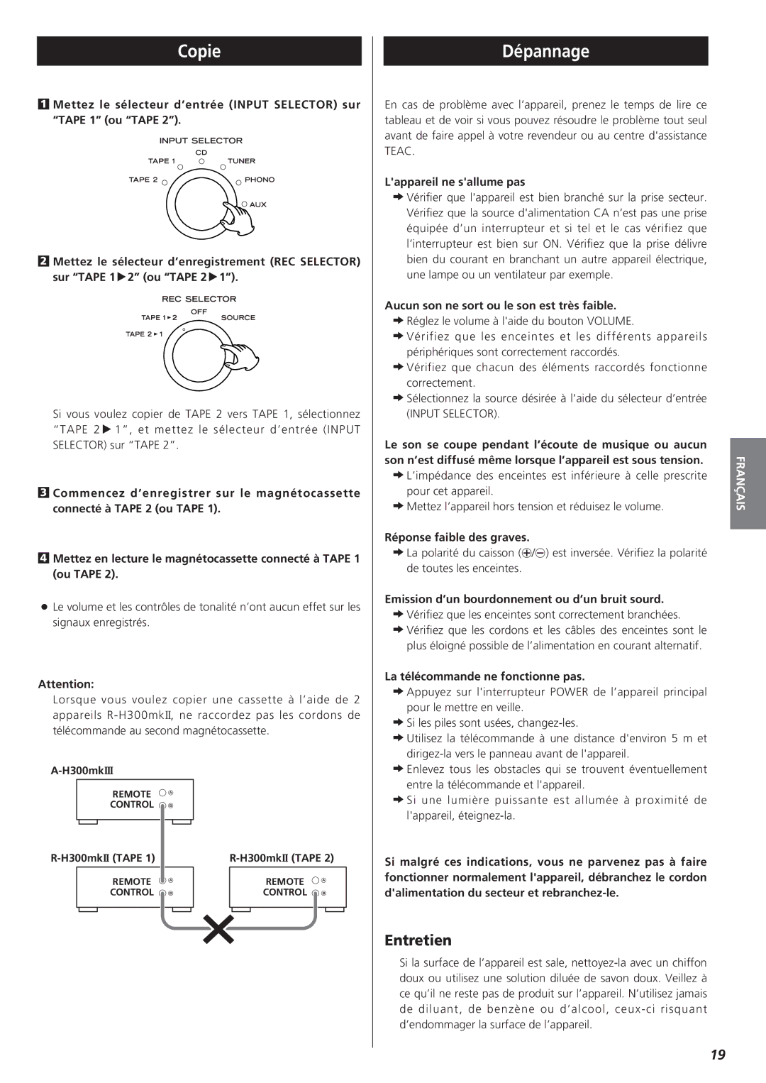 Teac A-H300mkIII owner manual Copie, Dépannage, Entretien 